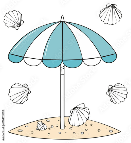 Illustration of a blue and white striped beach umbrella on sand with several scallop shells