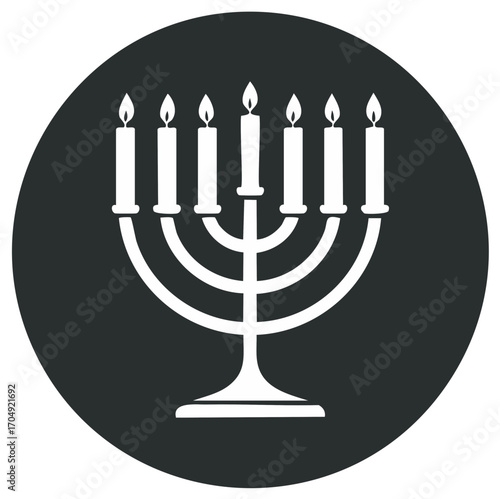 White Menorah with seven lit candles on dark circular background