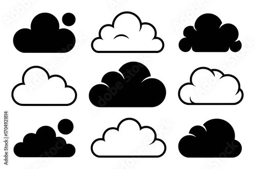 Collection of Black and White Cloud Icons with Sun Elements