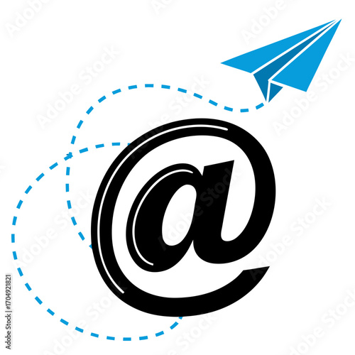 Vector art of blue paper airplane flying around a black at symbol