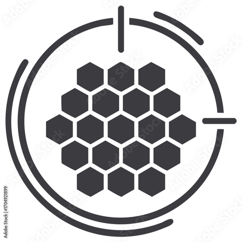 Iconic geometric honeycomb structure in circle frame with target reticle elements, representing beekeeping or data structures.