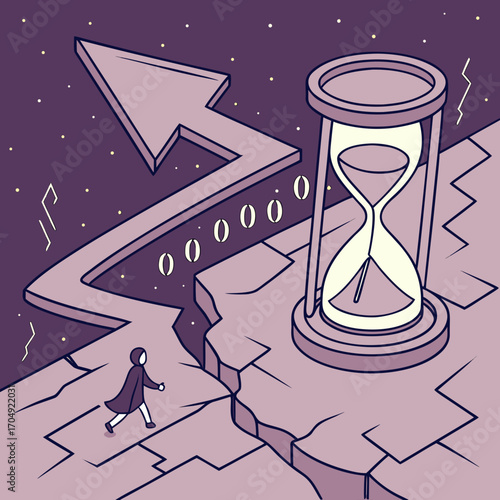 Vector art of a person walks towards an hourglass on a broken path, with an arrow pointing upwards in the background, symbolizing time and progress