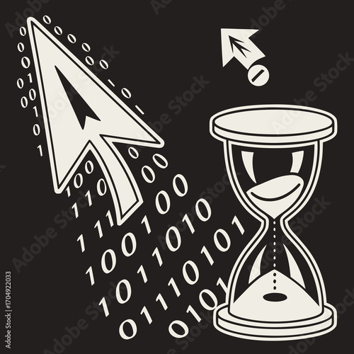 Vector art of cursor and hourglass with binary code symbolizing digital time and data processing