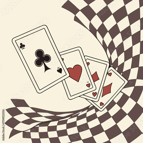 Vector art of playing cards with clover, heart, and diamond suits falling into a distorted checkerboard pattern