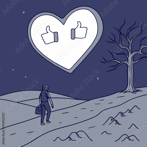 Vector art of a person walks towards a giant heart with two thumbs up icons, representing social media validation, in a desolate landscape at night