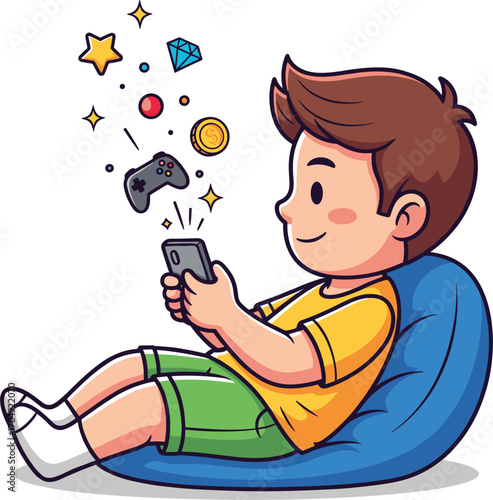 Young boy playing video games on smartphone while sitting on beanbag chair