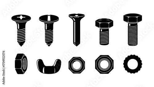 Black Silhouette Screws, Bolts & Nuts Icon Set – Vector Fasteners for DIY, Workshop, and Construction