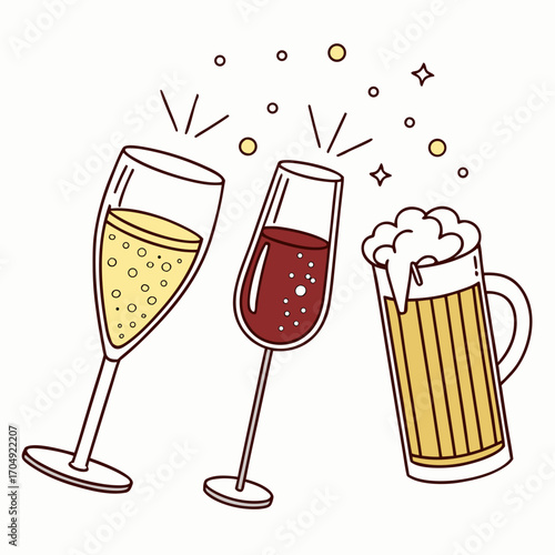 Vector art of three different alcoholic drinks champagne flute, wine glass, and beer mug