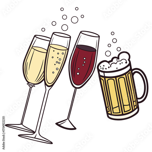 Vector art of three glasses of champagne and a beer mug with bubbles