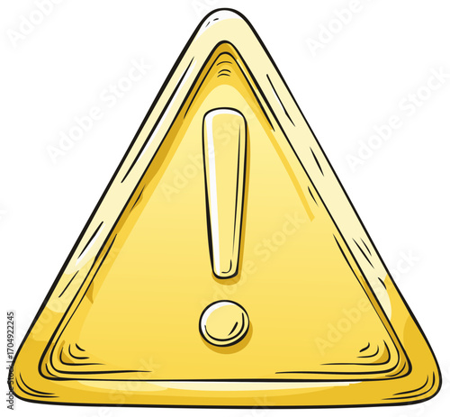 Hand drawn yellow warning sign with exclamation mark cartoon illustration