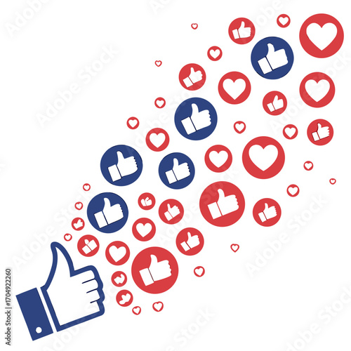 Vector art of social media likes and hearts icons flowing from a thumbs up hand