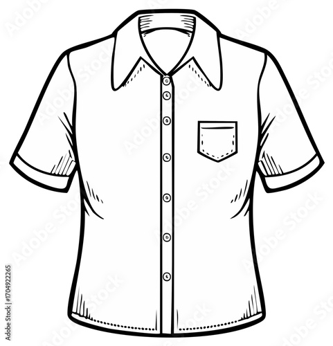 Line art of a collared button down shirt with short sleeves and a pocket