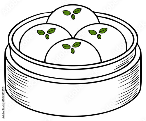 Traditional Asian steamed buns in a bamboo steamer basket vector line art illustration
