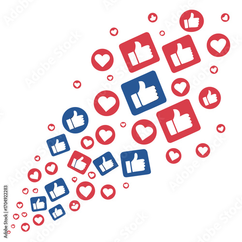 Vector art of social media likes and hearts icons floating and spreading on a