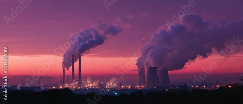 A striking sunset view of industrial smokestacks releasing steam and pollution into the sky, highlighting environmental concerns.