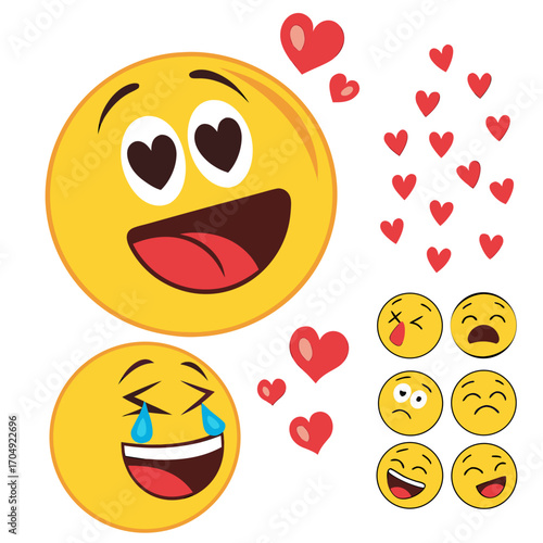 Vector art of collection of happy and laughing emojis with hearts