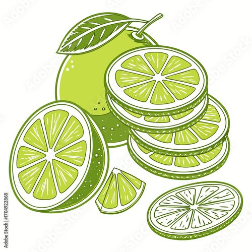 Vector art of fresh lime slices and whole lime, vibrant green citrus fruit illustration