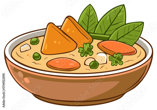 Appetizing animated vegetable stew with golden bread pieces green peas and fresh herbs