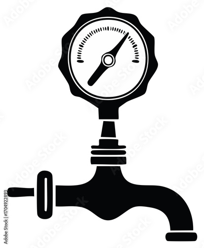 Simple flat design graphic of a water tap and a pressure measurement gauge