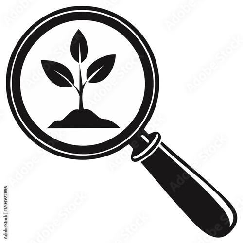 Magnifying glass examining a young plant in soil, symbolizing growth, ecology, and research
