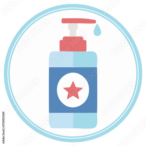 Hand sanitizer pump bottle with red star logo and falling droplet inside a blue circular frame