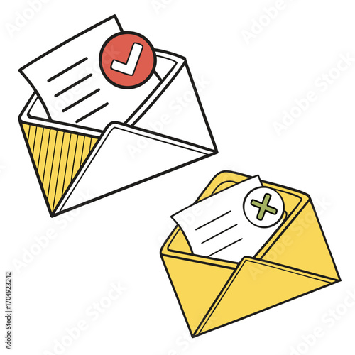 Vector art of two envelopes with documents inside, one with a checkmark and the other with an x