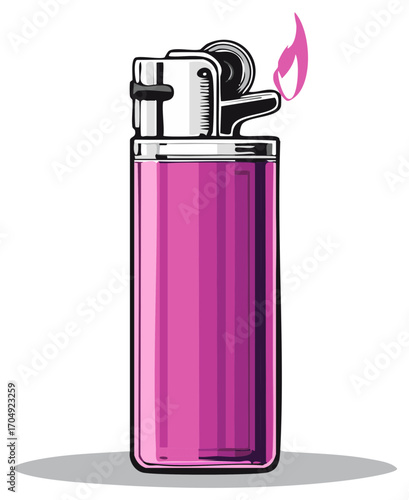 Simple graphic illustration of a vibrant pink disposable lighter producing a lively magenta flame