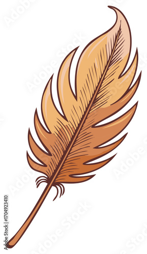 Golden Brown Feather with Detailed Texture and Elegant Shape on White
