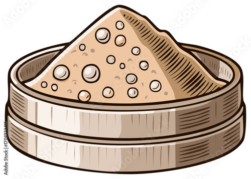 Illustration of cosmetic powder in a container with pearl highlights for beauty applications