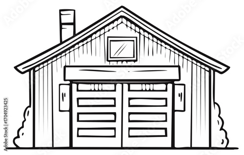 Black and white illustration of a simple house with a chimney and garage doors