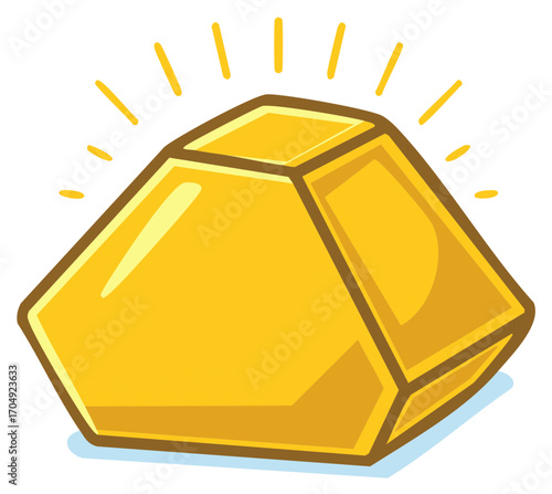 Cartoon Yellow Gold Nugget with Rays, Mineral Treasure Illustration