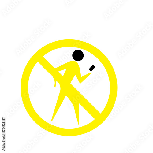Yellow warning sign indicating no cell phone use while walking, a graphic icon representing modern digital distraction and public safety