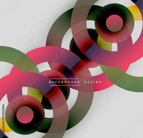 Abstract circles overlap, creating vibrant color gradients. Modern design features translucent layers, soft shadows. Minimalist aesthetic.
