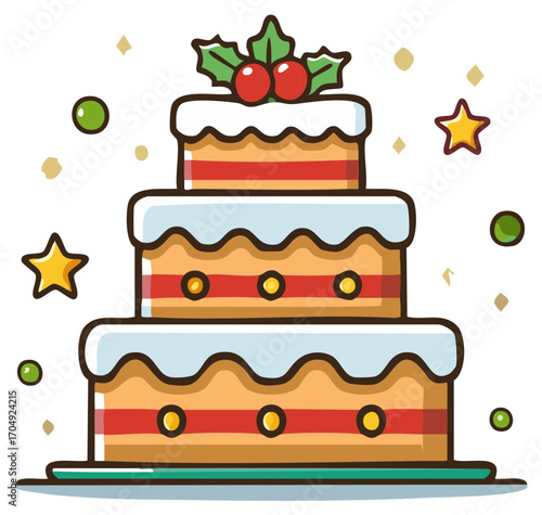 Layered Holiday Cake Illustration with Berries, Stars, and Candies for Festive Events