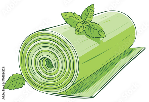Green Rolled Mat with Fresh Mint Leaves Vector Illustration for Spa Wellness