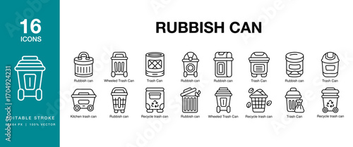 Rubbish Can icon set. Includes rubbish, garbage, can, container, waste, and More. Editable Stroke Icon Collection.