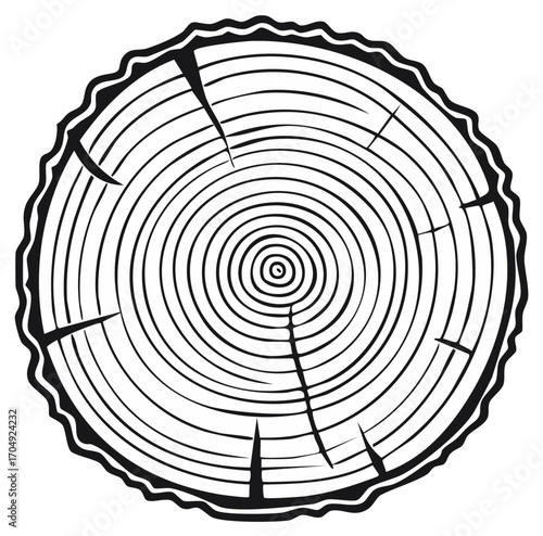 Wood slice with tree rings, black and white illustration, circular growth pattern design