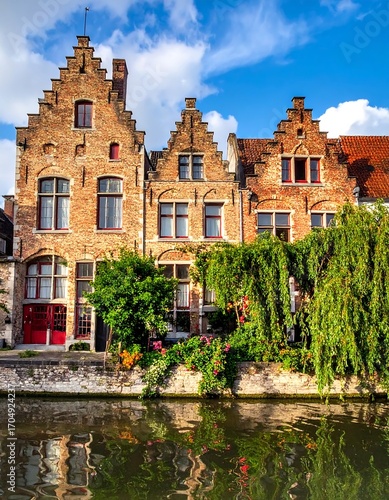 European canal houses with vibrant gardens