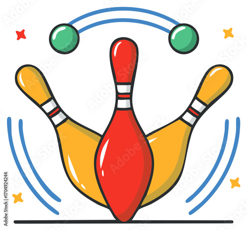 Cartoon Bowling Pins Arranged With Balls and Decorative Stars for Sport and Recreation