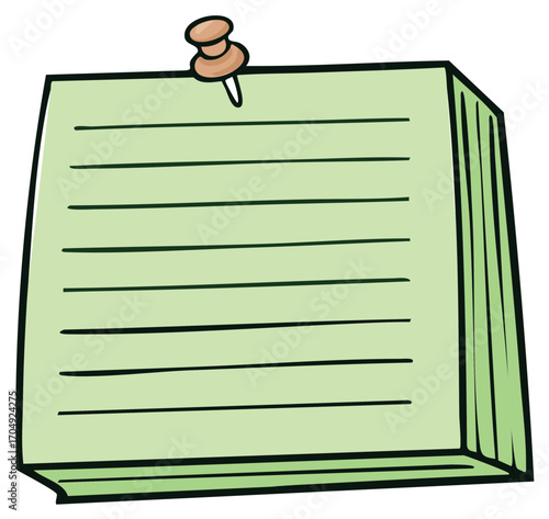 Green lined notepad with a wooden pushpin securing the top corner, isolated on white.