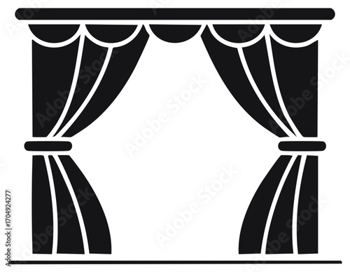 Black silhouette of elegant stage curtains tied back for theater performance icon