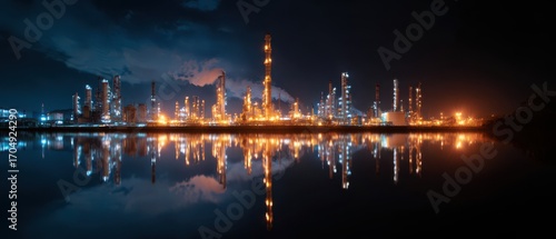 A nighttime industrial landscape featuring illuminated structures reflecting on water, showcasing a mix of technology and nature.