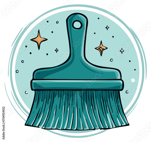 A teal cleaning brush with bristles and sparkling stars and dots, set within a blue circle on a white background.
