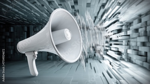 3D megaphone emitting sound waves in abstract space, symbolizing dynamic communication.