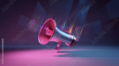 3D megaphone emitting sound waves in abstract space, symbolizing dynamic communication.
