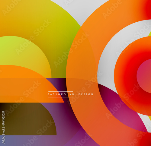 Abstract colorful shapes overlap creating dynamic visual effect. Gradient hues blend smoothly, offering modern aesthetic.