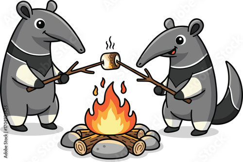 Two cute cartoon tapirs roasting marshmallows over a campfire