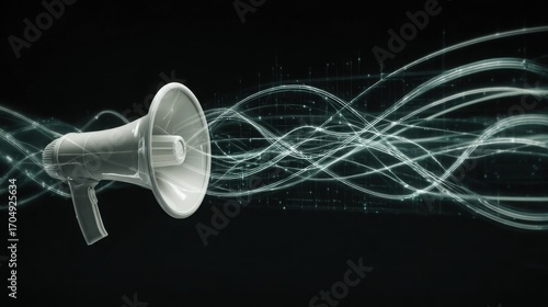 3D megaphone emitting sound waves in abstract space, symbolizing dynamic communication.