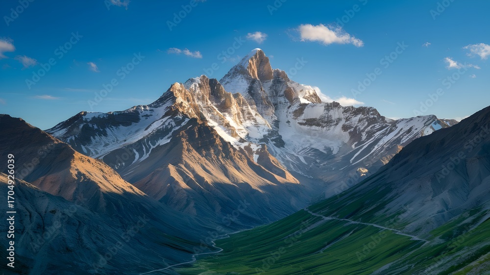 Obraz premium Panoramic Snow-Capped Mountain Peaks at Golden Hour