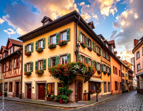 European city street scene at sunset